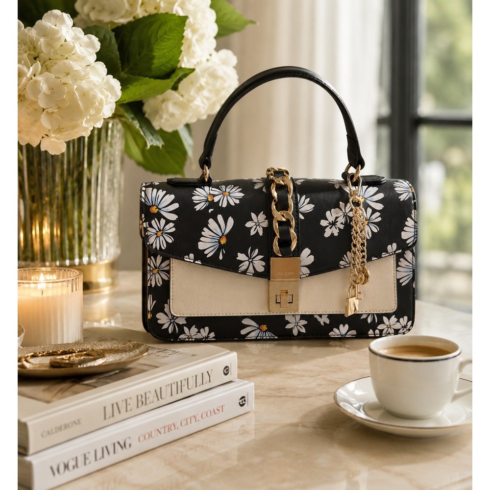 ALDO Daisy Floral Satchel Purse Gold Chain Chic Preppy Luxe Statement Handbag